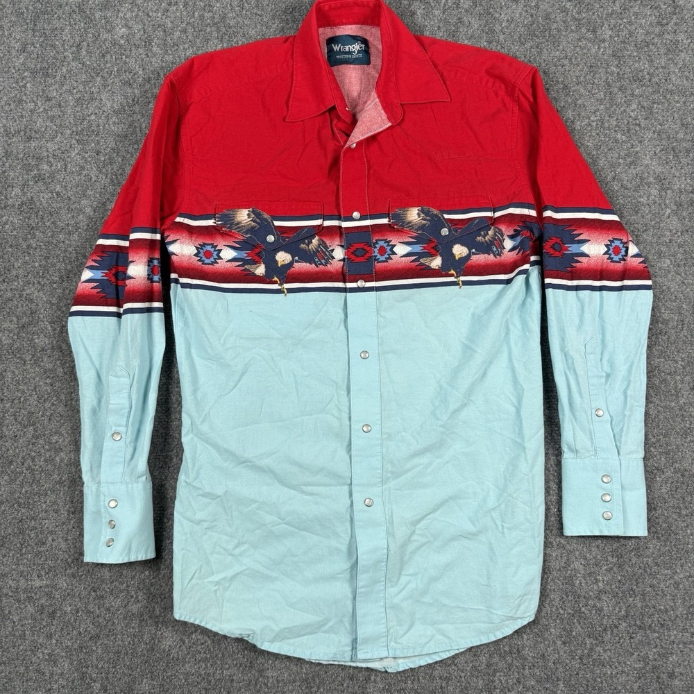 Vintage Wrangler Western Shirt Mens Aztec Southwestern Eagle Pearl Snap Red L